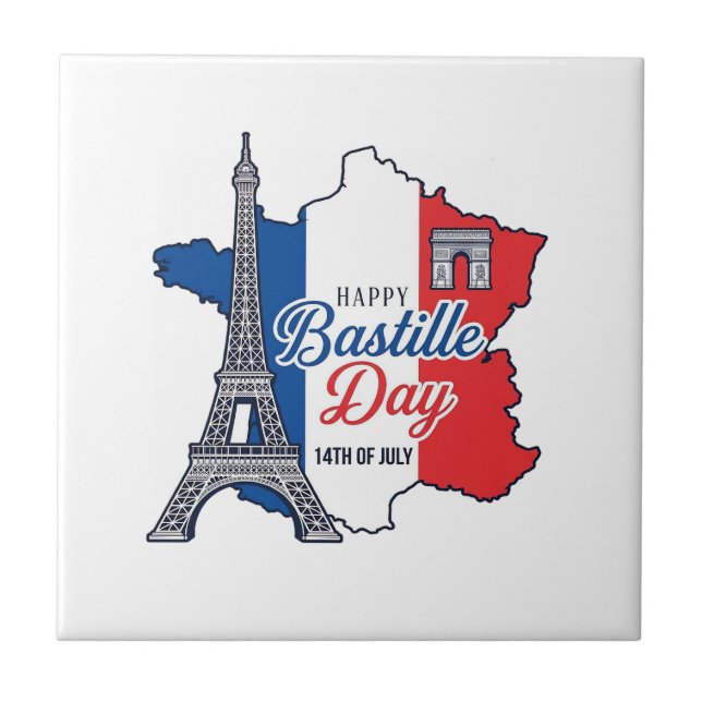 Azulejo Feliz Día de la Bastilla Francia Mapa Torre Eiffel (Frente)