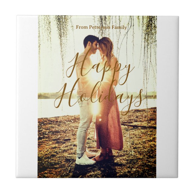 Azulejo Feliz feriados marrón agregar pareja de fotos fech (Frente)