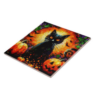 Azulejo Feliz Halloween Black Cat Bats Pumpkins