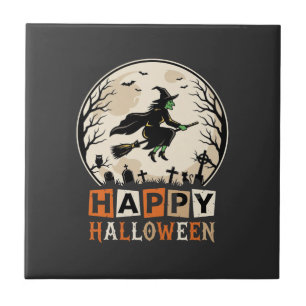 Azulejo Feliz Halloween Bruja Diseño de Cementerio Luna_1