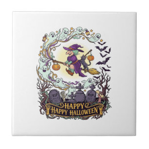Azulejo Feliz Halloween Bruja Escoba Gatos Negros Fantasma