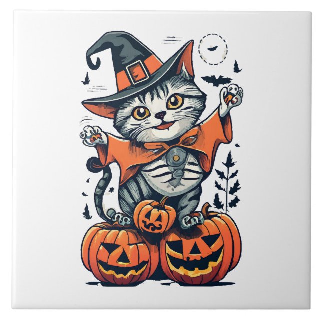 Azulejo Feliz Halloween Bruja Gato (Frente)