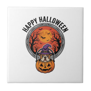 Azulejo Feliz Halloween Bulldog Bruja Calabaza Camiseta Vi