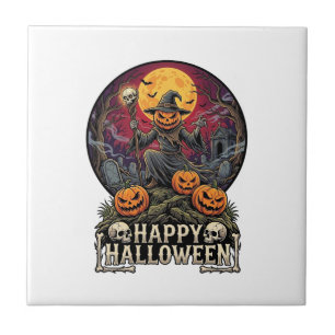 Azulejo Feliz Halloween Calabaza Brujo Cementerio Luna Lle