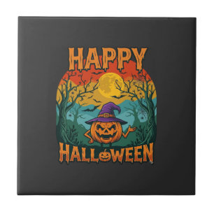 Azulejo Feliz Halloween Calabaza Sombrero de Bruja Luna Ll