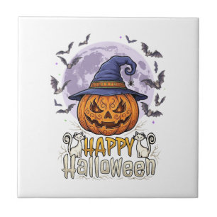Azulejo Feliz Halloween Calabaza Sombrero de Bruja Murciél