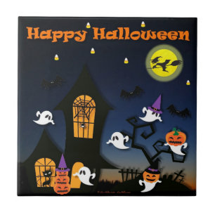 Azulejo Feliz Halloween Casa Embrujada Fantasmas Murciélag