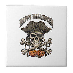 Azulejo Feliz Halloween Cráneo de Pirata Huesos Cruzados C