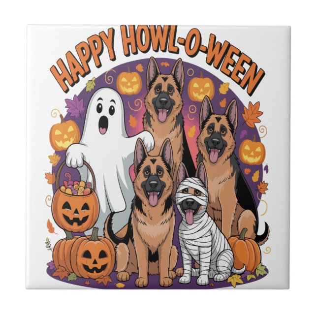 Azulejo Feliz Halloween de Pastor Alemán (Frente)