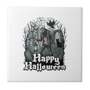 Azulejo Feliz Halloween Esqueleto Linterna Gato Negro Grav