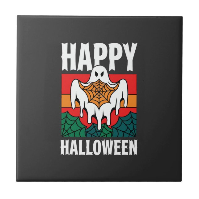 Azulejo Feliz Halloween Fantasma Telaraña Retro (Frente)