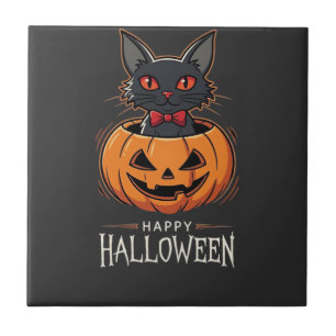 Azulejo Feliz Halloween Gato Negro Diseño de Calabaza_1