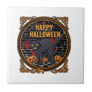 Azulejo Feliz Halloween Gatos Negros Calabazas Huesos_1