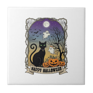 Azulejo Feliz Halloween Gatos Negros Fantasmas Calabazas_1