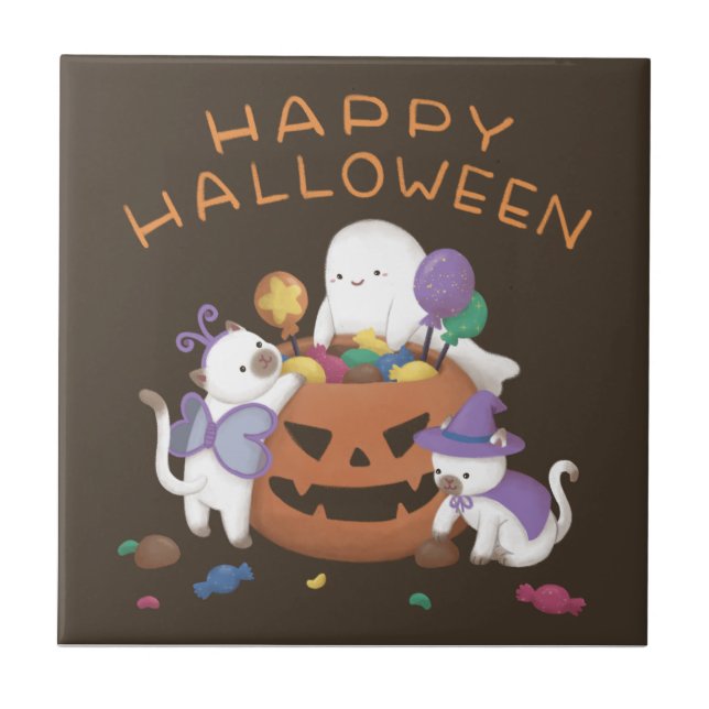 Azulejo Feliz Halloween: gatos y fantasma (Frente)