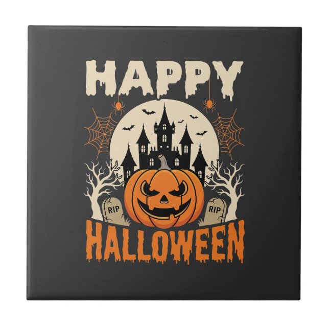 Azulejo Feliz Halloween Jack O Linterna Castillo Embrujado (Frente)