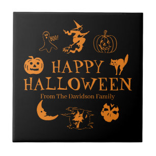 Azulejo Feliz Halloween nombre personalizado naranja negro