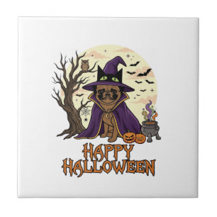 Azulejo Feliz Halloween Pug Sombrero de Bruja Caldero Cala