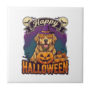 Azulejo Feliz Halloween Retriever Dorado Sombrero de Bruja