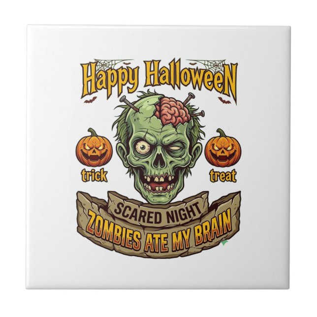 Azulejo Feliz Halloween Zombies Comieron Cerebro Cabeza de (Frente)