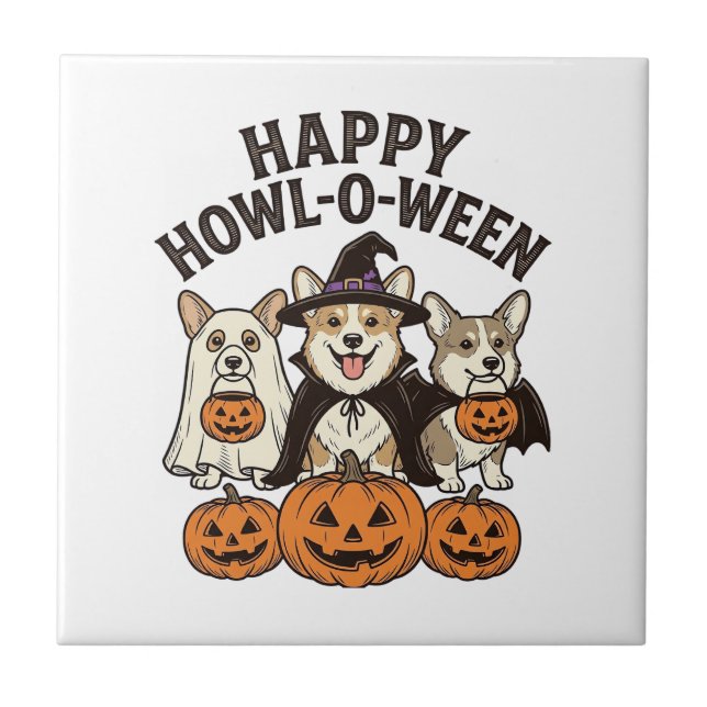 Azulejo Feliz Howl-O-Ween Corgi Halloween Perro Vector Des (Frente)