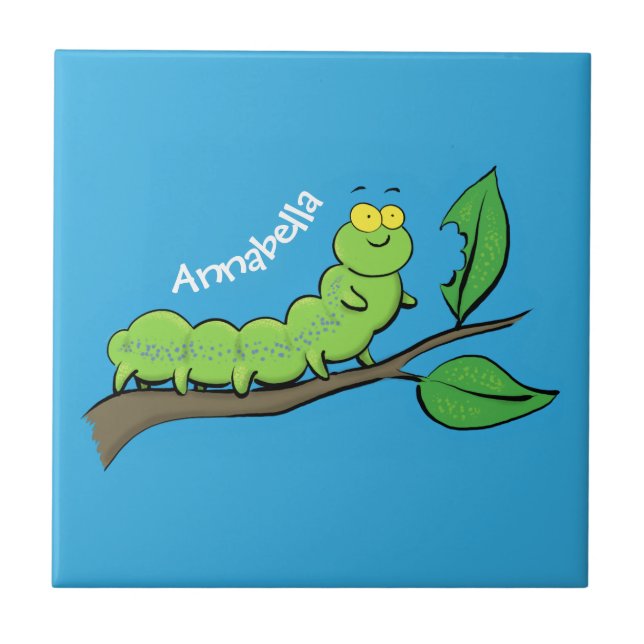 Azulejo Feliz ilustracion personalizado de oruga verde (Frente)