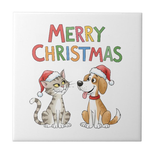 Azulejo Feliz Navidad al gato y al perro con sombreros de  (Frente)