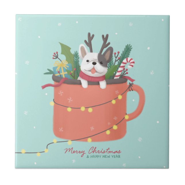 Azulejo Feliz Navidad: Arte de Ilustracion de perro (Frente)