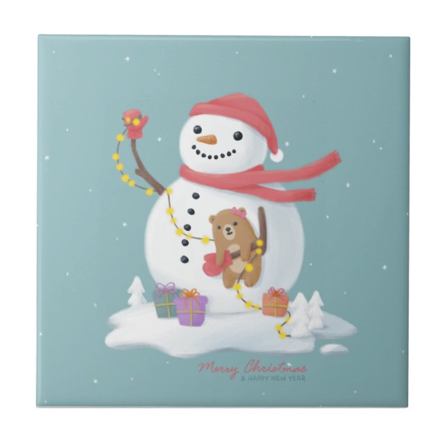 Azulejo Feliz Navidad: Arte de Ilustracion en Snowman (Frente)