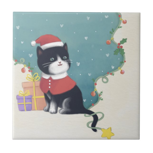 Azulejo Feliz Navidad: Arte de Ilustracion Gato (Frente)