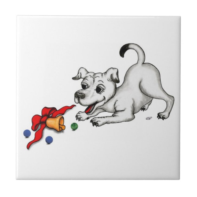 Azulejo ¡Feliz Navidad! Cachorro con bell y ball (Frente)
