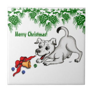 Azulejo ¡Feliz Navidad! Cachorro con bell y ball
