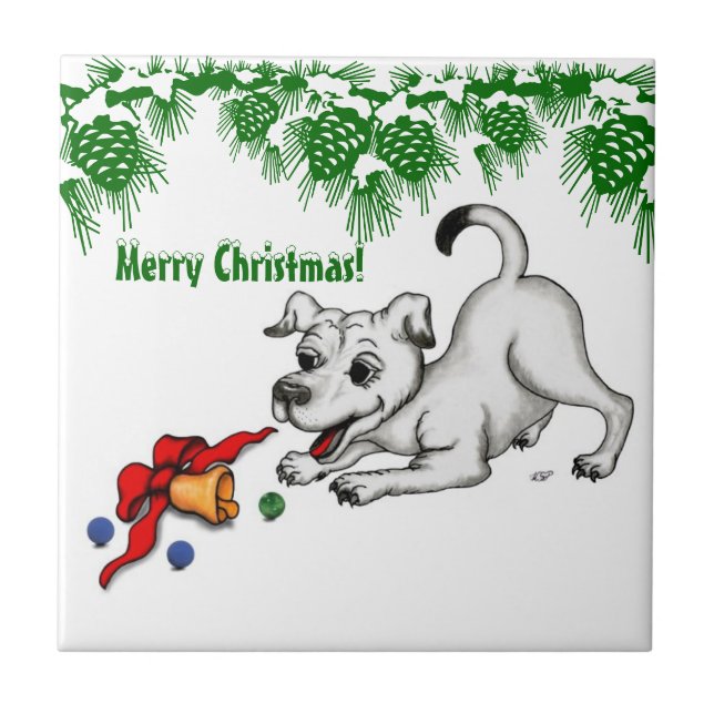 Azulejo ¡Feliz Navidad! Cachorro con bell y ball (Frente)