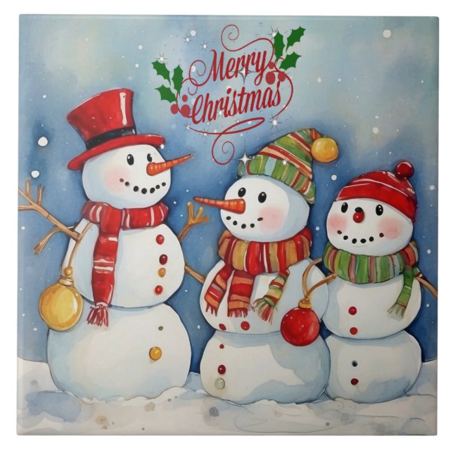 Azulejo Feliz Navidad, celebración de hombres de nieve (Frente)
