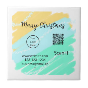 Azulejo Feliz Navidad código QR negocios agua verde amaril