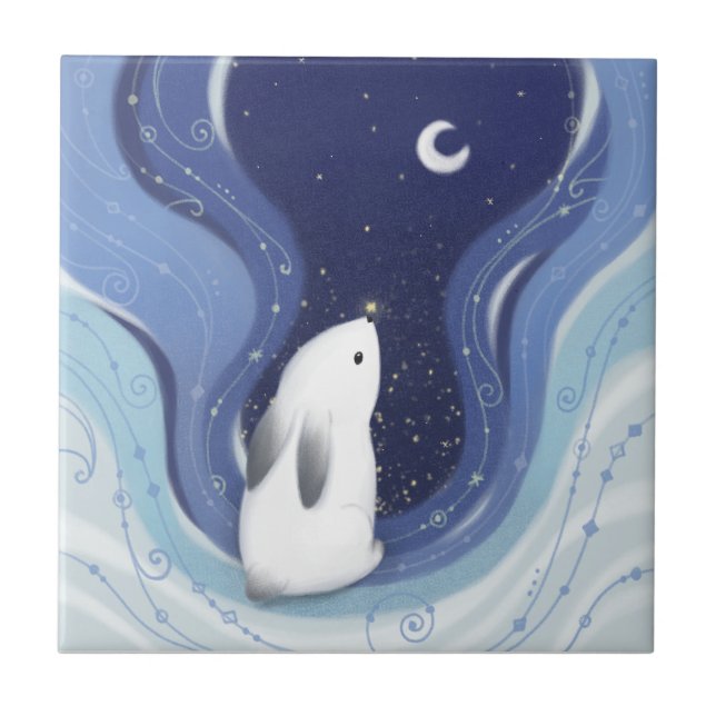 Azulejo Feliz Navidad: Conejo, la luna y las estrellas (Frente)