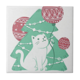 Azulejo Feliz Navidad: Gato y ornamentos