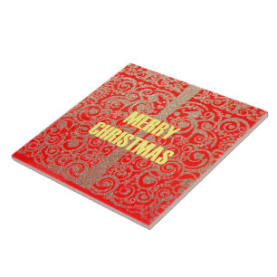 Azulejo Feliz Navidad Golden Red Snow Hearts