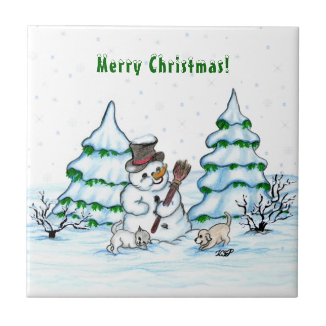 Azulejo ¡Feliz Navidad! Hombre de nieve con gato y cachorr (Frente)