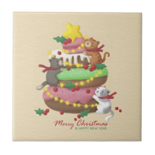 Azulejo Feliz Navidad: Ilustracion de gatos y dulces