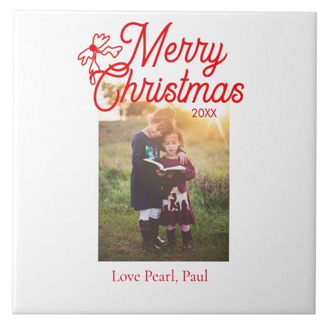 Azulejo Feliz Navidad, niños del arco rojo foto moderna el (Frente)