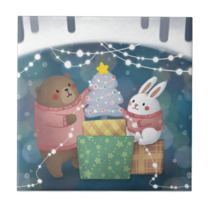 Azulejo Feliz Navidad: oso y conejo