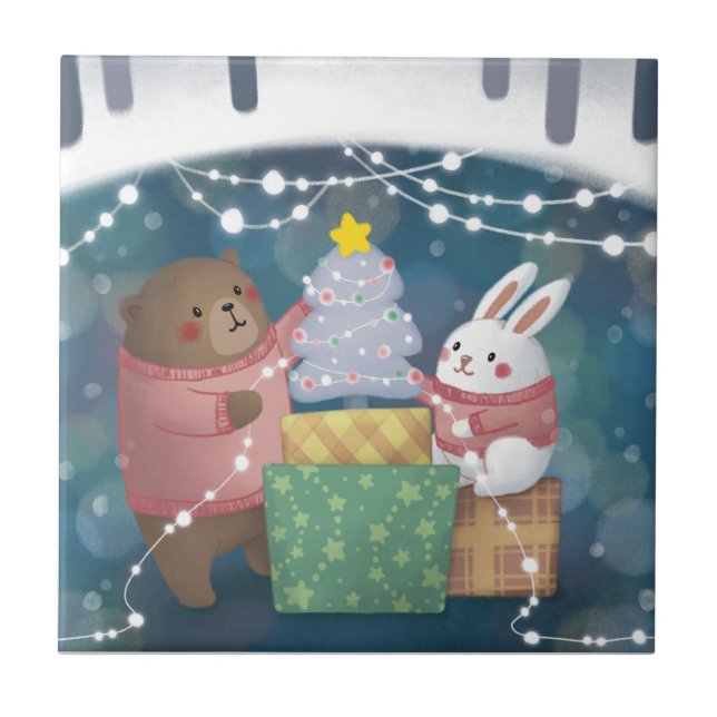Azulejo Feliz Navidad: oso y conejo (Frente)