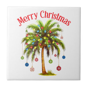 Azulejo Feliz Navidad Palm Tree Light Tropical Hawaiano