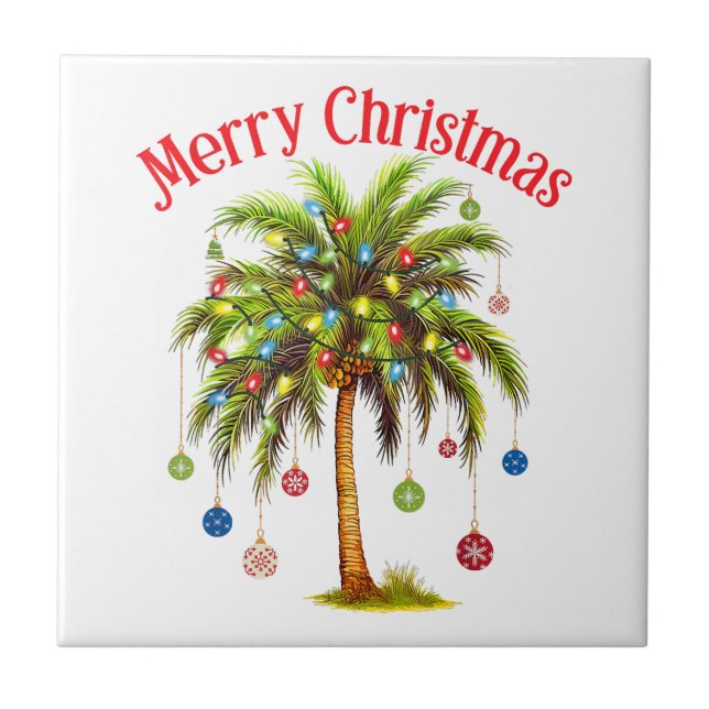 Azulejo Feliz Navidad Palm Tree Light Tropical Hawaiano (Frente)