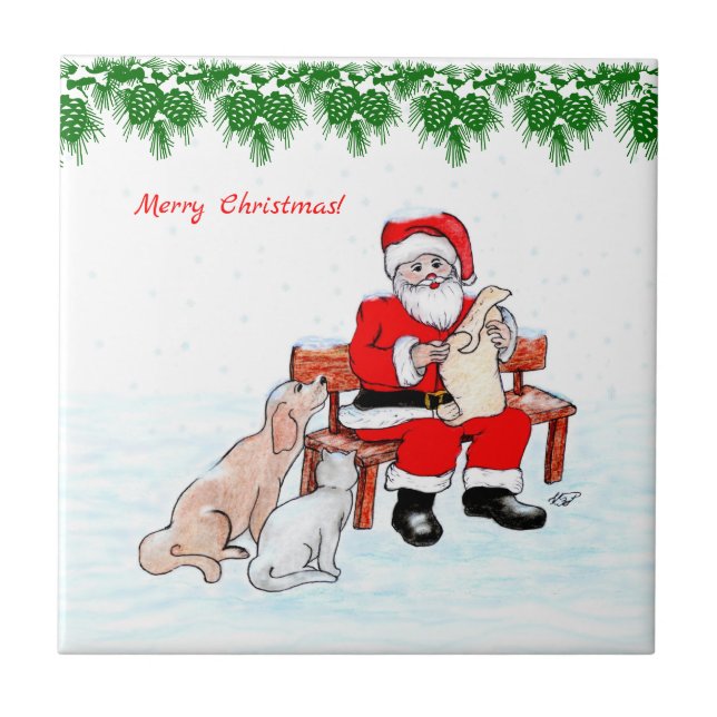 Azulejo Feliz Navidad - Papá Noel con gato y perro (Frente)