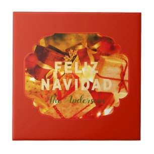 Azulejo Feliz Navidad Red Gold Green Nombre elegante