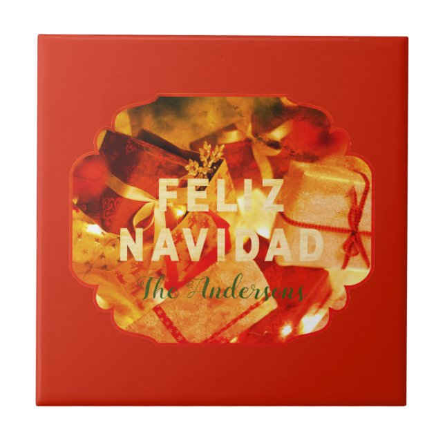 Azulejo Feliz Navidad Red Gold Green Nombre elegante (Frente)