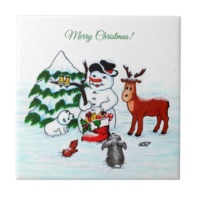 Azulejo ¡Feliz Navidad! Snowman con sus amigos (Frente)