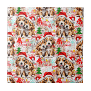 Azulejo Feliz Navidad Sombrero de Santa Diseño de Perro Ca